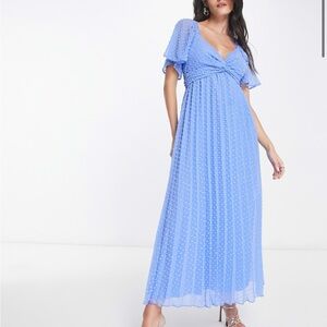ASOS DESIGN tie front angel sleeve textured midi dress in cornflower blue